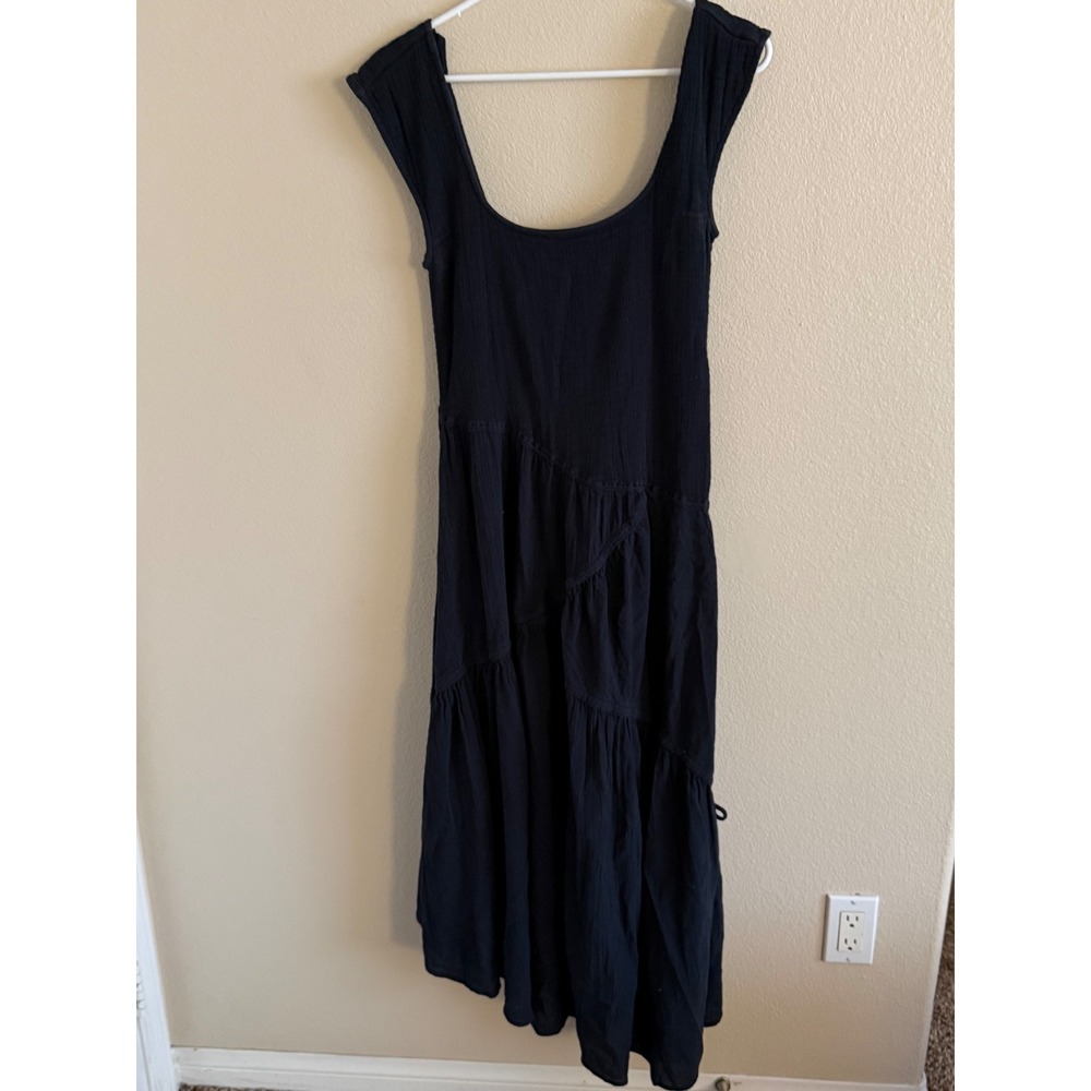 Free People Black Tiered Asymmetrical Midi Dress Sleeveless Scoop Neck Small